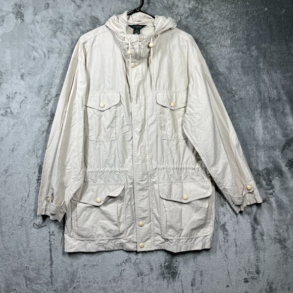 VTG J.Crew Oarsman Field Jacket Medium Beige Hooded Cotton Nylon Utility - Picture 1 of 11